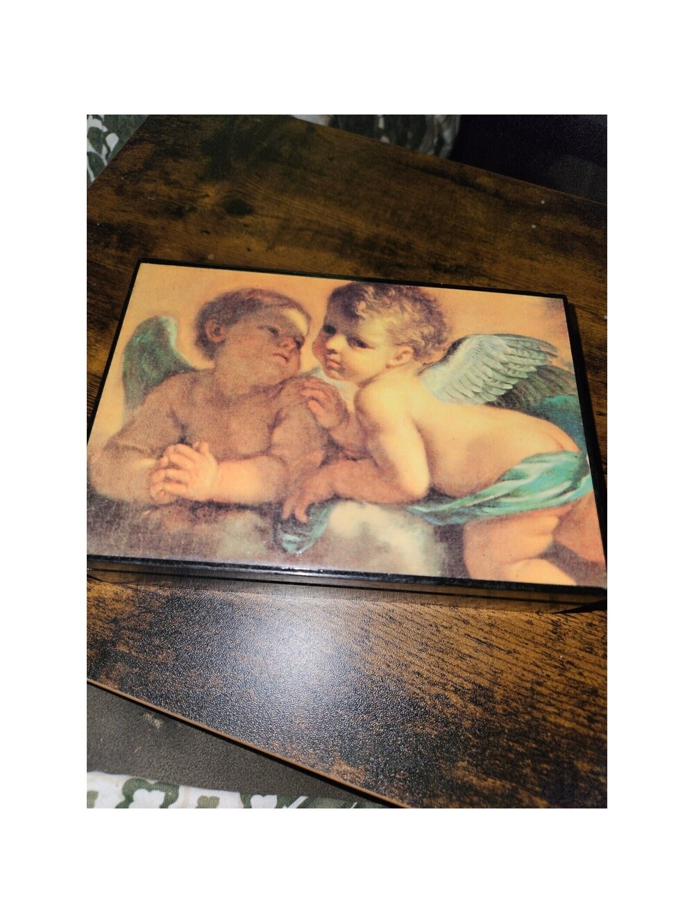 Vintage Raphael Cherubs Wooden Trinket Box Black Lacquer Angels Jewelry Keepsake